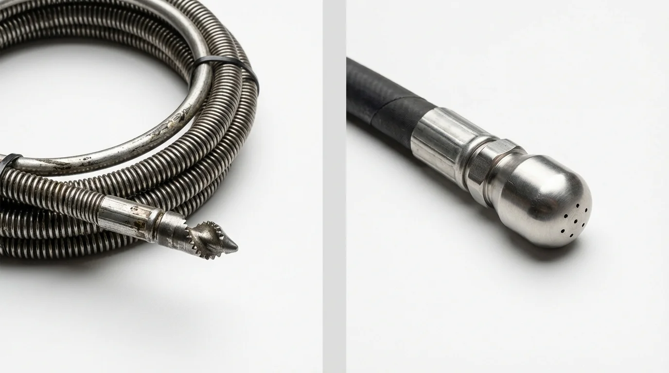 Drain snake cable and hydro jetting nozzle used for drain cleaning in Greenville, TX