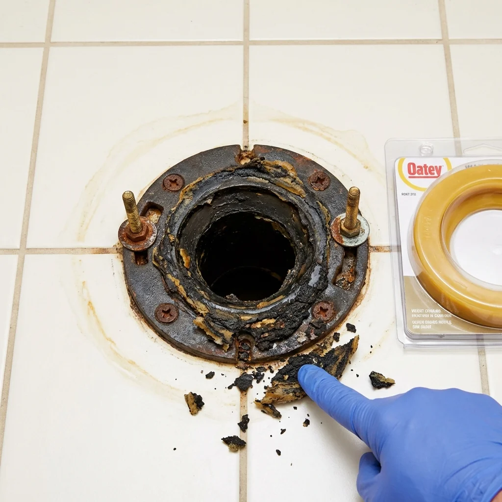 Failed wax ring showing water seepage at the base of a toilet in a Greenville, TX home