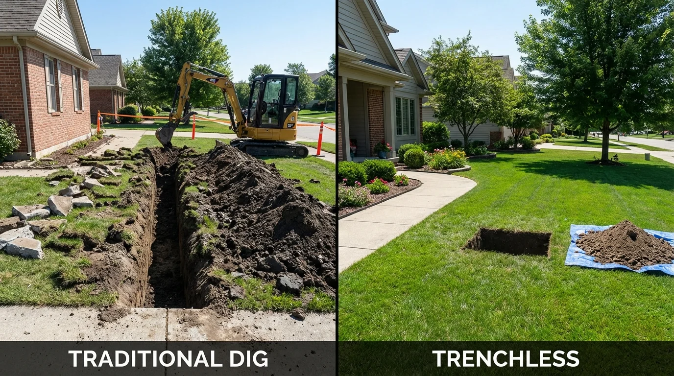 Trenchless sewer repair with minimal yard damage versus traditional excavation in Greenville, TX