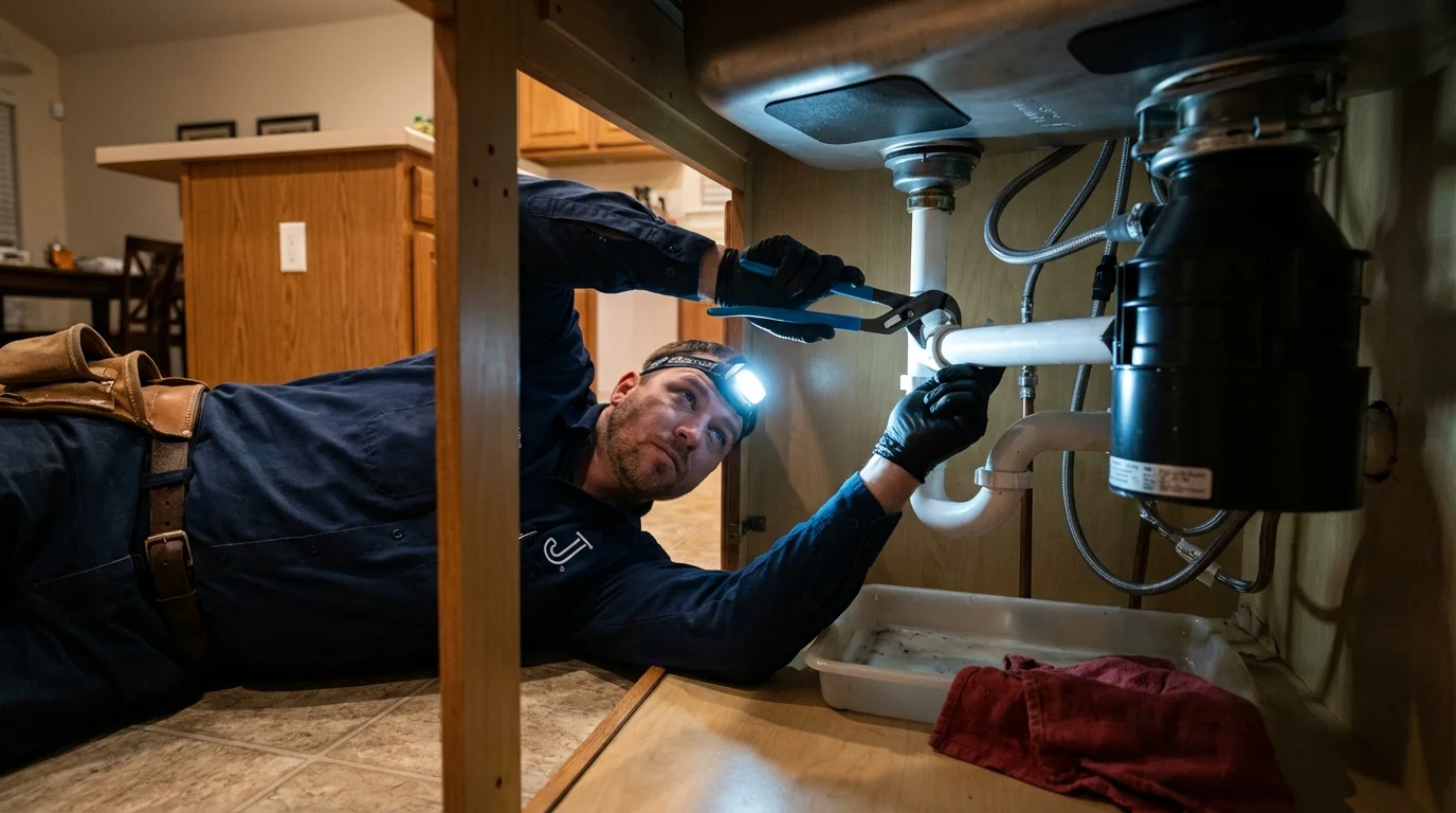 P-trap and supply line connections under a kitchen sink showing a common leak point in Greenville, TX